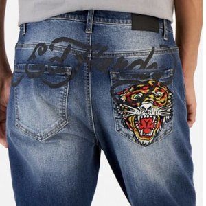 Ed Hardy Men's Distressed Embroidered Tiger Head Slim Taper Jeans